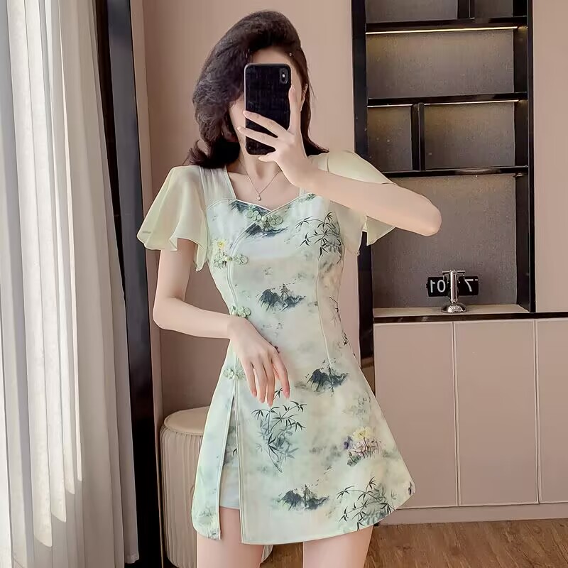 Fly Line - Verão estilo chinês doce cheongsam conjunto